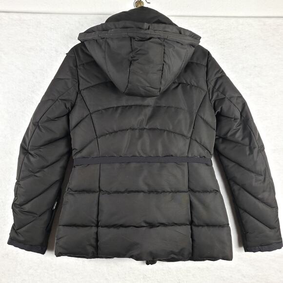 Guess Women's S Quilted Down Puffer Jacket Solid Black Hooded Winter Warm Staple - Picture 13 of 14